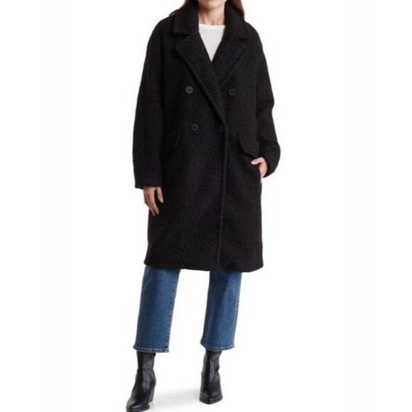 BCBGeneration Women’s Black Double Breasted Bouclé Coat Front Flap-Welt Pocket L